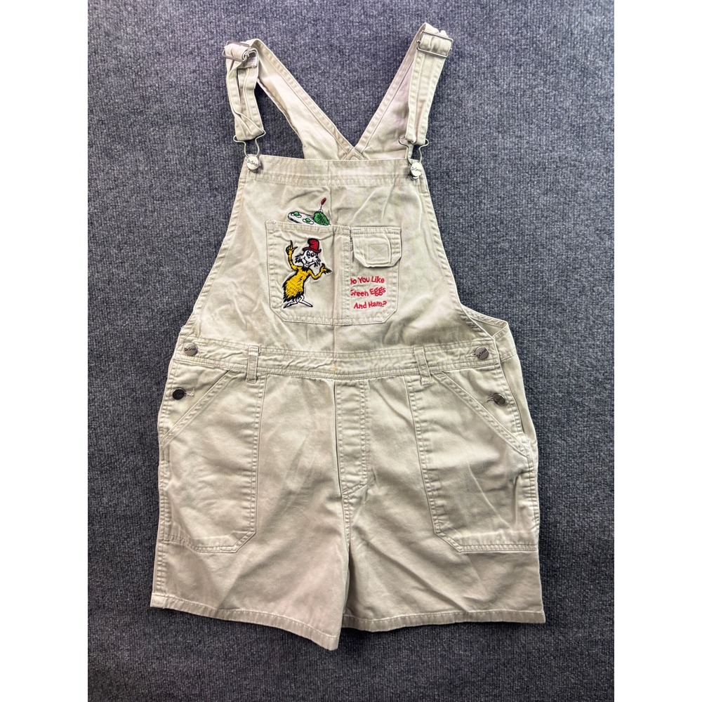 Dr. Seuss Short Overalls Womens L Tan Green Eggs And Ham Sam-I-Am Embroidered